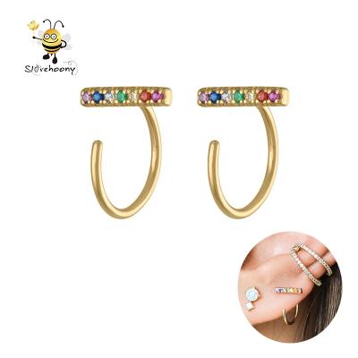 China Earring Huggie Slovehoony Rainbow Zircon Huggies Bar In Gold Vermeil Minimalist Earring Huggie Circle Earrings for sale