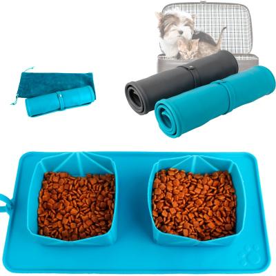 China Sustainable Portable Outdoor Travel Silicone Dog Cat Bowl Water Food Feeder Double Collapsible Bowl for sale