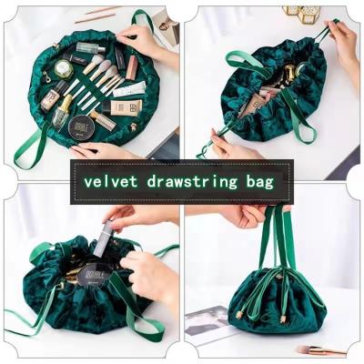 China Fashion Luxury Cosmetic Pouch Travel Gift Velvet Drawstring Open Flat Makeup Bag for sale