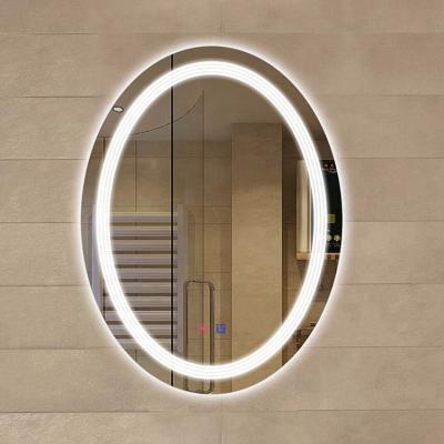 China Bright Oval Wooden Mirror Shape Sandblasted Bathroom Mirror for sale