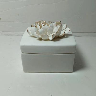 China White Ceramic Ring Holder Trinket Jewel Box Jewelry Case with Handmade Gild Edge Flower Ceramic Lid for Wedding Anniversary for sale