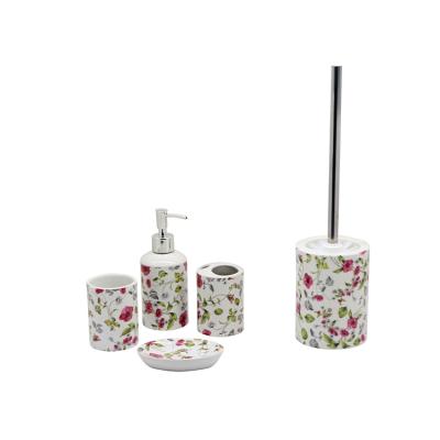 China Amazon Sustainable Hot Selling 2021 Bathroom Toiletry Set Marble Floral Toilet Brush Holder Accessories Set for sale