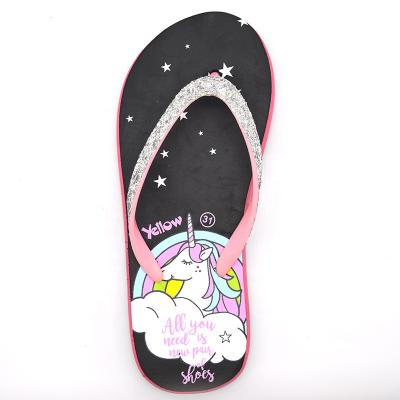 China Custom Unicorn Kids Flip Flops Glitter Logo Slippers For Girls Flat Strap for sale