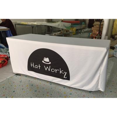 China Custom Stretch Trade Show Advertising Fitted Spandex Printed 6Ft Logo Throw Polyester Tablecloth 8Ft Table Cover For Advertising for sale