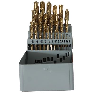 China Metal Work Tool 25pc HSS Tin Coated Fully Ground DIN Standard Twist Drill Bits Set For Metal Packing Metal Box for sale