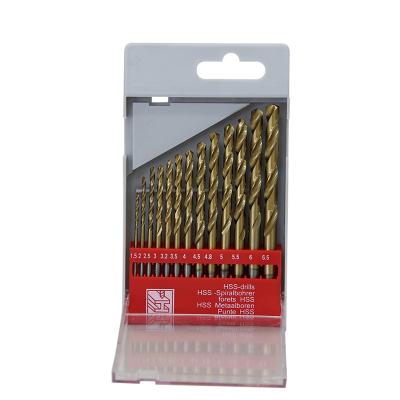 China Metal Work Tool 13pc HSS Tin Coated Fully Ground DIN Standard Straight Shank Twist Drill Bit Set For Metal Plastic Box Packing for sale