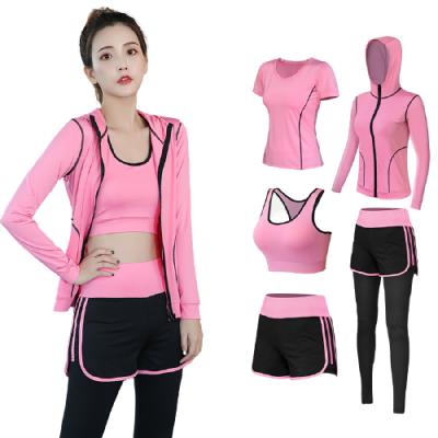 China Breathable Women Long Sleeve Yoga Set Patchwork Gym Clothing Zippered Workout Fitness Crop Top Gaiters 5Pcs Sport Suit for sale