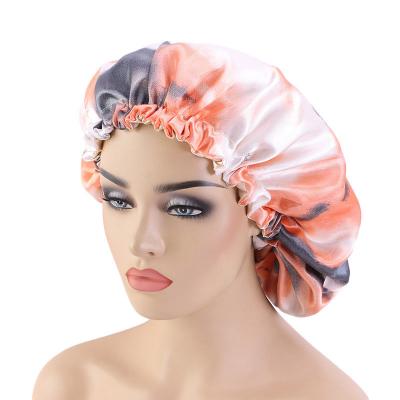 China Tie Dye New 2021 Tie Dye Silk Satin Cloth Waterproof Breathable Hat Shower Maids Elastic Band Design Women's Dry Hair Bath Hat for sale