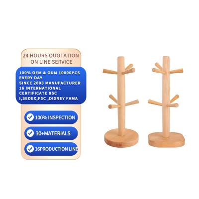 China Recyclable High Quality Unique Wooden Tree Cup Holder Coffee Stand Up Cup Hanger Dryer with 6 Hooks for sale