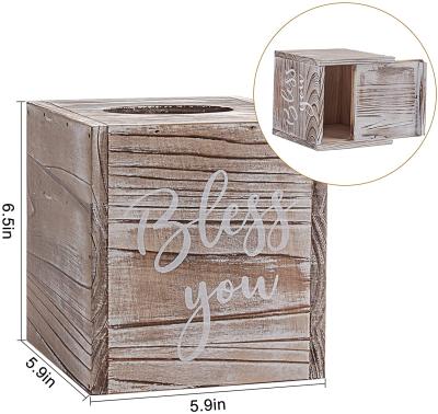 China Eco-friendly Wooden Square Bleached Tissue Box Lid Bless You Rustic Tissue Holder For Bathroom for sale