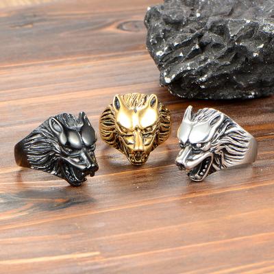 China 2022 Hiphop Jewelry Mens High Quality Stainless Steel Silver Ring Wolf Pattern Power Symbol Custom Ring for sale