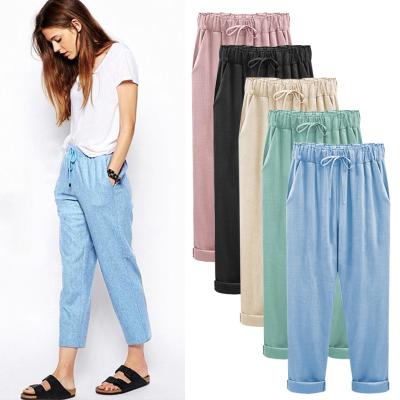 China Durable Cotton Linen Pants Plus Size Elastic Ankle Length High Waist Casual Women Loose Spring Pants 8XL for sale