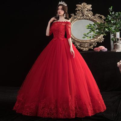 China 2021 red plus size one shoulder wedding dress new bride's knot center axis ground large size slim princess Simple Spring and summer for sale