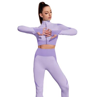 China QUICK DRY 2 PC Long Sleeve Gym Cropped Top Seamless Leggings Yoga Set Workout Clothes Women Sport Fitness Set Sports Bra Sportswear suit for sale