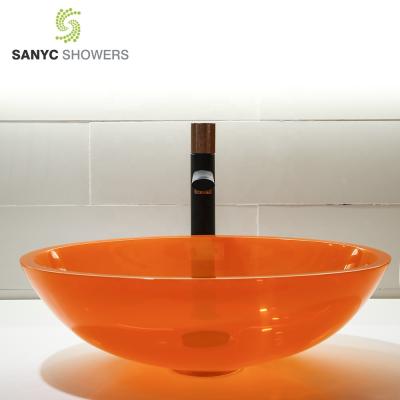 China Resin Modern Orange Transparent Bathroom Basin Mixer Brass Faucet Set Oval Washroom Basin Vessel Vanity Sink for sale