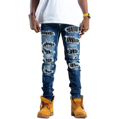 China HUNTW OEM Breathable Feet Knee Skinny Hole Ripped Patchwork Jeans Straight Jeans Unique Design Jeans for sale