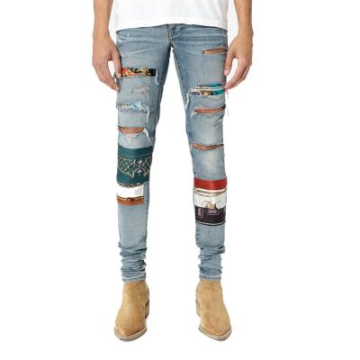 China HUNTW Breathable Cool Wash Destroyed Skinny Fit Printed Patches Jeans Fit Washed Distressed Panty for sale