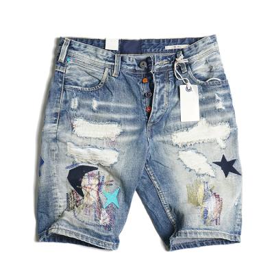 China New HUNTW QUICK DRY shorts, retro, old, washed, white patch, men's denim pants, ripped pants, five point pants for sale