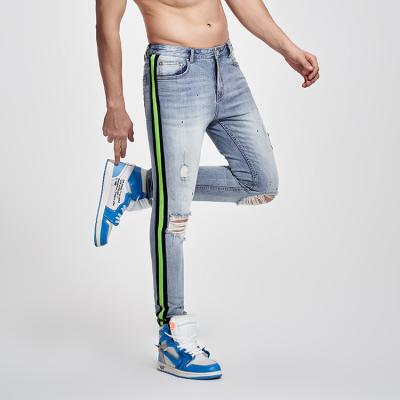 China HUNTW Breathable Wholesale Custom Blue Painted Stripe Skinny Ripped Side Jeans Men for sale