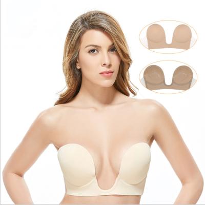 China One Piece Breathable Deep V Shape Hole Blast Lift Up Silicone Breast U Strapless Self Adhesive Invisible Strapless Free Bra WB019 for sale