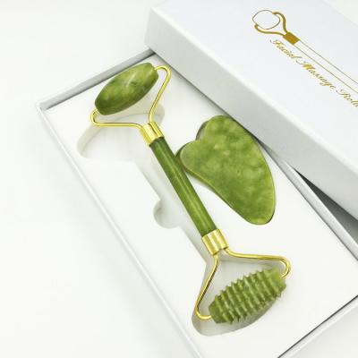 China Original Natural Facial Face Jade Roller Gua Sha With Logo Box Custom Made Wrinkle Remover Eye Massager Green for sale