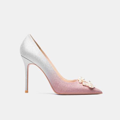 China 2022 Fashion Trend New Sexy Sharp Toe Buckle Woman High Heels Wedding Shoes Thin Elegant Shoes Hee Pearl Pumps Big Size Stiletto Heels 34-43 for sale