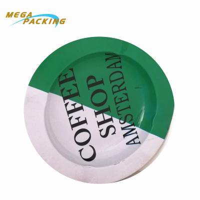 China Popular High Quality Round Portable Pocket Tinplate Amsterdam Ashtray Metal Food Tin Ashtray Custom Made for sale