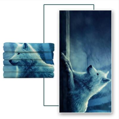 China Microfine Wolf Printed Sexy Microfiber Sandfree RPET Kids Safe Beach Towel With Bag For Ourside Play for sale