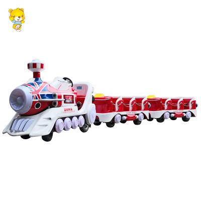 China Fiberglass Amusement Park Mall Kids Train British Style Super Train For Sale Electric Trackless Train With Three Trolleys for sale