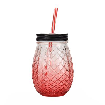 China Sustainable Pineapple Shaped Mason Cup Glass Drinking Bottle Glass With Straw for sale