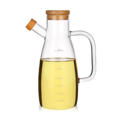 China High Borosilicate Food Bamboo Lid Olive Oil Vinegar Storage Bottle Glass With Handle for sale