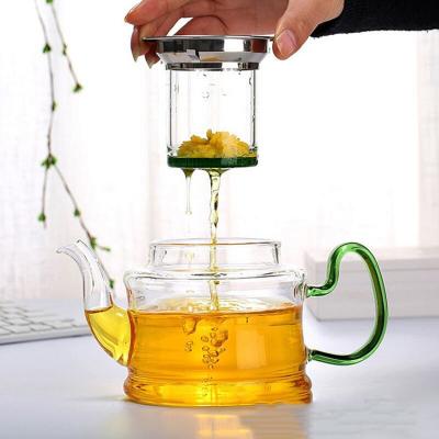 China Sustainable Clear Wholesale Heat Resist Stovetop Safe Custom Transparent Borosilicate Glass Teapots With Tea Warmer Sets for sale