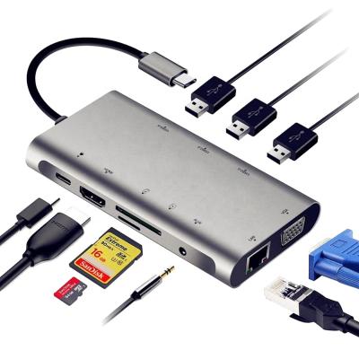 China FOR Laptop Expend Ports Type C Hub 10 Into 1 Usb C Hub With Ethernet C Card Reader 4K VGA HDTV Adapter 1000 To Rj45 Type Audio Multifunction for sale