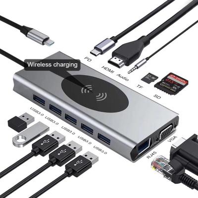 China FOR Laptop Expend 13 Ports Hub Usb C Charger VGA HDTV Palladium Rj45 Card Reader Type C Wireless Hub With Wireless Charging Usb C Hub 13 in 1 for sale