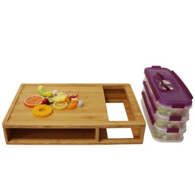 China Sustainable custom kitchen vegetable meat fruit chopping block acacia wooden bamboo cutting board with 4 container storage drawer box tray for sale