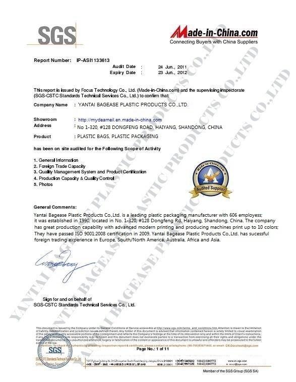 ISO, FDA, SGS, HACCP, EN13432 - YANTAI BAGEASE SUSTAINABLE BAGS & PRODUCTS CO.,LTD.