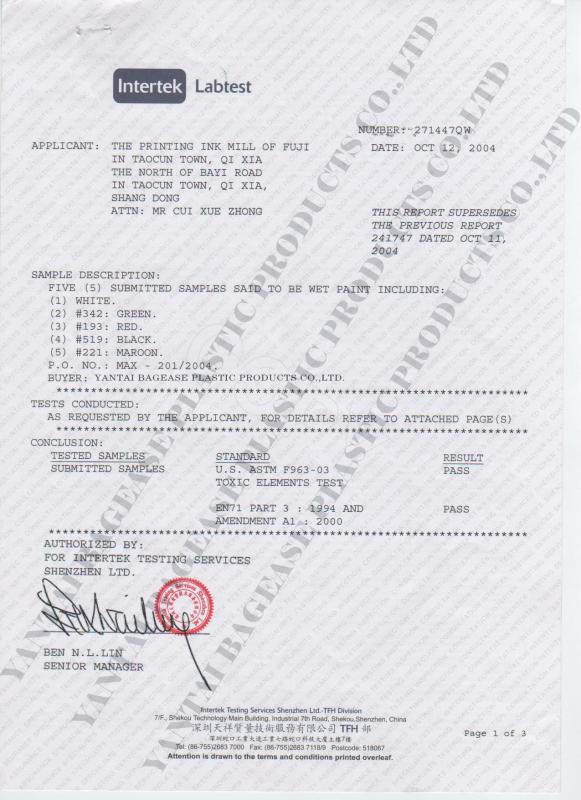 ISO, FDA, SGS, HACCP, EN13432 - YANTAI BAGEASE SUSTAINABLE BAGS & PRODUCTS CO.,LTD.