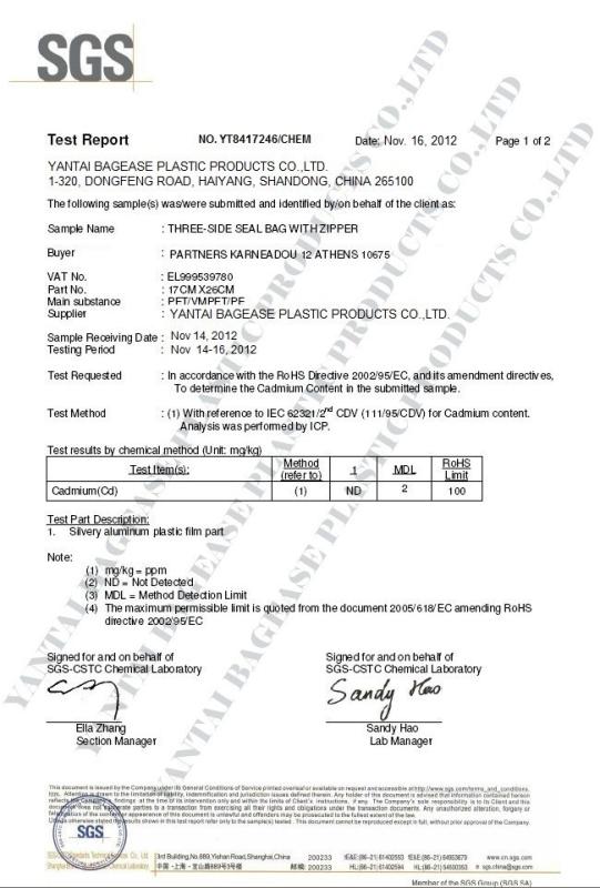 ISO, FDA, SGS, HACCP, EN13432 - YANTAI BAGEASE SUSTAINABLE BAGS & PRODUCTS CO.,LTD.