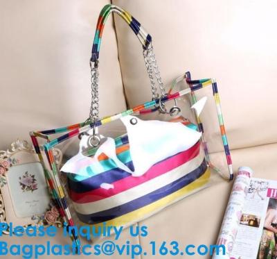 China PVC Waterproof outdoor Travel Shopping Bags Fashion Lady Colorful Striped Beach Bags Waterproof Outdoor Beach Bean Bag for sale