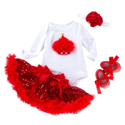 China Breathable Sequin Long Sleeve Baby Romper Babies Outfits 4pcs Red Sequin Tutu Dress For Kids With Headband And Shoes for sale