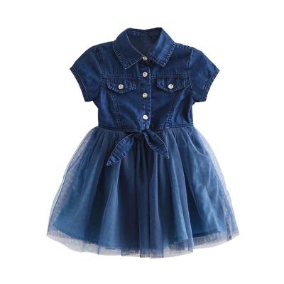 China Anti-wrinkle 2021 new design girls' dresses short sleeve child summer dress jeans wear with lace skirt girls birthday dress for sale