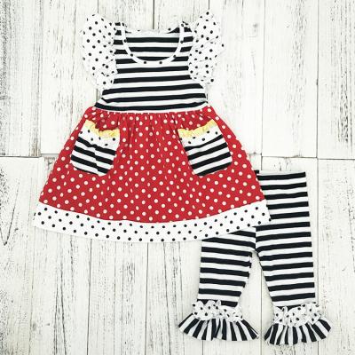 China Vintage INS Hot Selling Red Dot And Black Stripe Two Piece Ruffle Short Sets For Girls Kids Summer Sets 2021 for sale