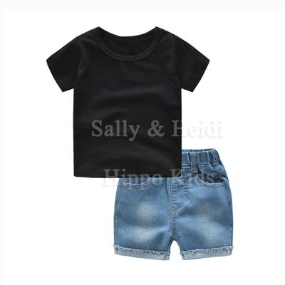 China Casual Ready To Ship Boys Black Shirt With Denim Shorts 2pcs Sets , Comfortable Boy Kids Clothing Set for sale