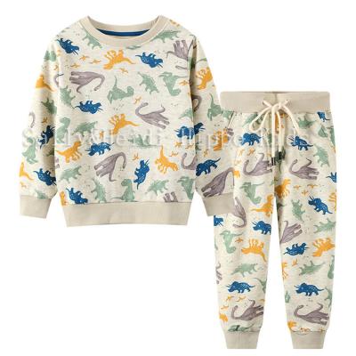 China Fashionable Wholesale Casual Dino Print Sweater Set Boys Boutique Kids Winter Clothes Outfits With Fleece On The Inside for sale