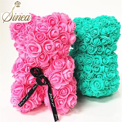 China European handmade products valentines day gift tending artificial pe foam forever rose flower teddy bear 25cm in box for sale