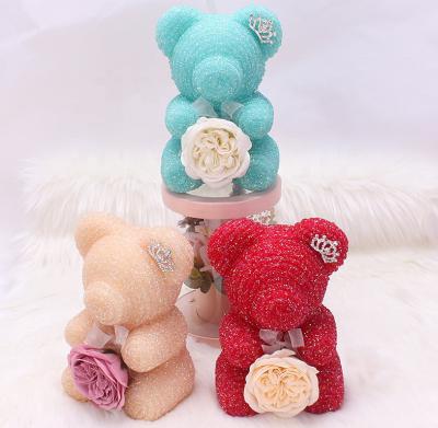 China Real Romantic Preserved Rose Moss Bears Promotional OEM Sparkle Valentine's Day Mother's Day Christmas Gift Custom Crystal Diamond Rose Teddy Bear for sale