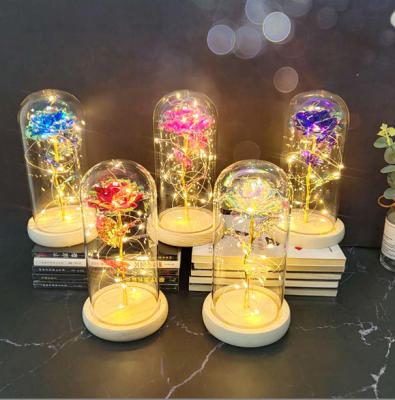 China Fashional New Design Artificial Flowers LED Flower 24K Plastic Galaxy Gift Good Quality Natural Gold Foil Forever Plated Rose Gold In Glass Dome for sale