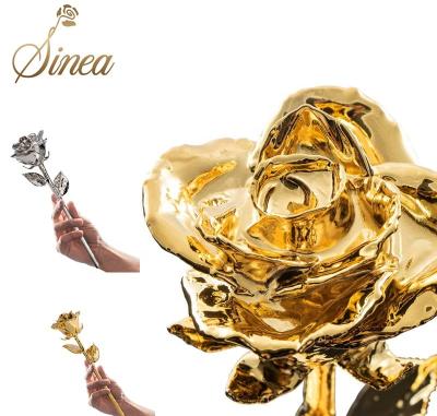 China Real Romantic Preserved Simple Cool Gold Dipped Rose Flower 24k Foil Galaxy Nature Rose Gold Silver Plates Long Stem Truly for sale