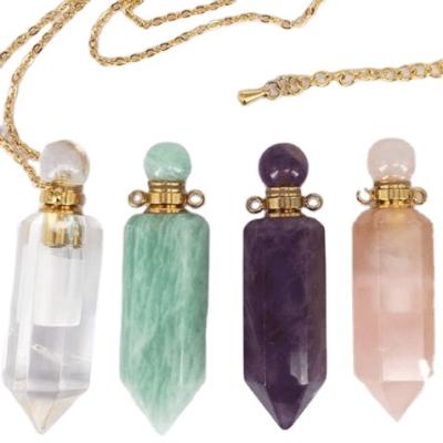 China Cosmetic wholesale custom hand carving natural crystal essential pendant necklace woman perfume piont quartz cosmetic bottle for sale