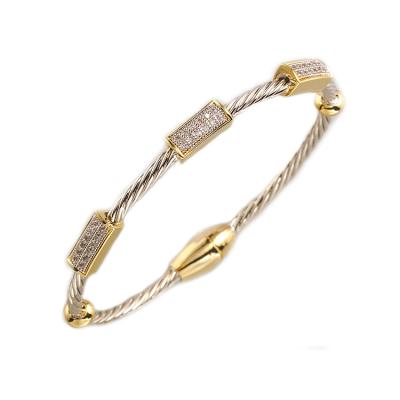 China TWO TONE Women Bangle Charms Thick Rhodium Brass Bracelets With 2 Tone 3 Rectangular Clear Zircon Pave *T2610BKPV for sale